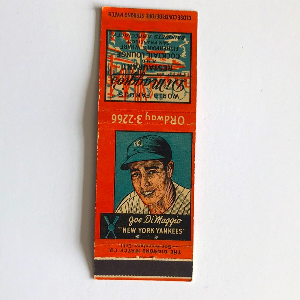 Jo DiMaggio Fisherman’s Wharf Matchbook Cover 1940’s scarce NY Yankees